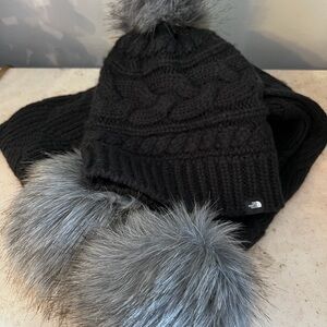 The North Face Black Cable Knit Beanie and Scarf with Gray Pom-Poms